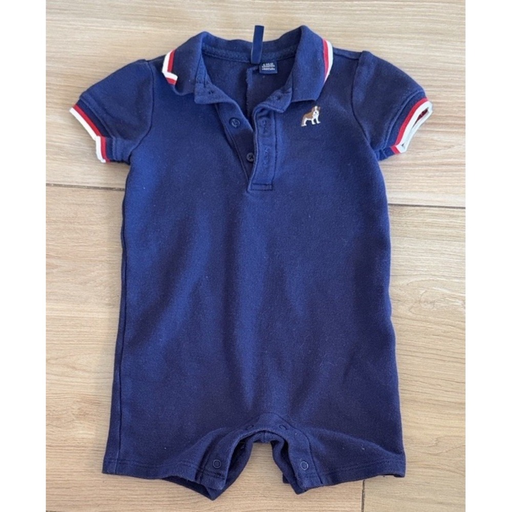 Janie and Jack Navy Blue Collared Romper Short Sleeve Dog Embroidery 6-12 Months